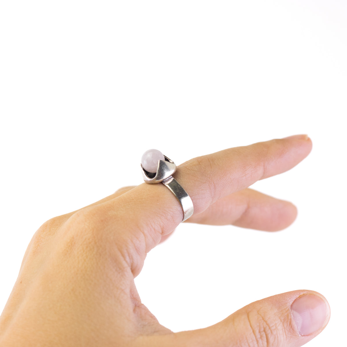 Finnish Vintage Silver Ring With Rose Quartz Sphere By Kupittaan Kulta Elis Kauppi 1969