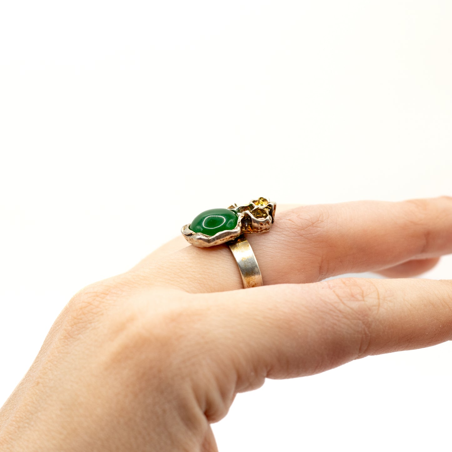 Brutalist Vintage Sterling Silver Ring with Green Chalcedony