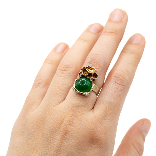 Brutalist Vintage Sterling Silver Ring with Green Chalcedony