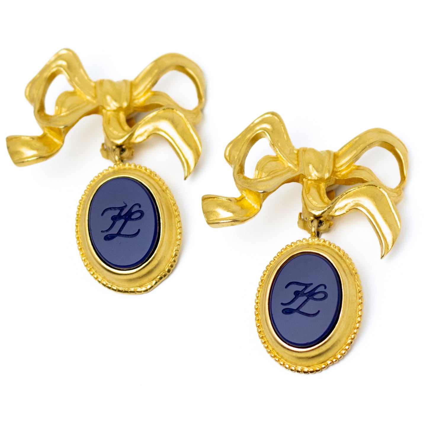 Karl Lagerfeld Vintage Clip-On Bow Earrings with Navy Blue Logo
