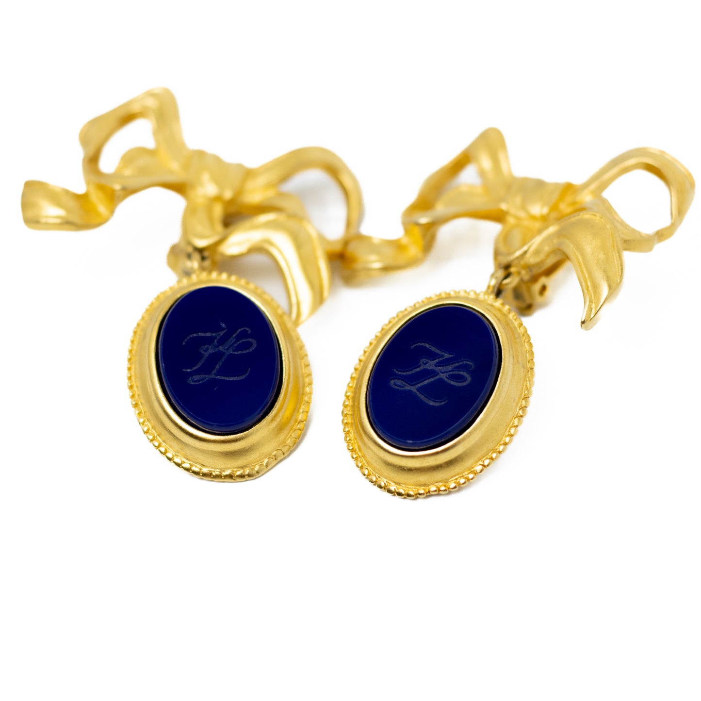 Karl Lagerfeld Vintage Clip-On Bow Earrings with Navy Blue Logo
