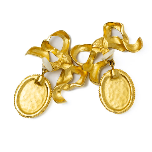 Karl Lagerfeld Vintage Clip-On Bow Earrings with Navy Blue Logo