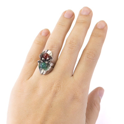Relo Germany Vintage Brutalist Silver Ring with Carnelian and Chrysoprase