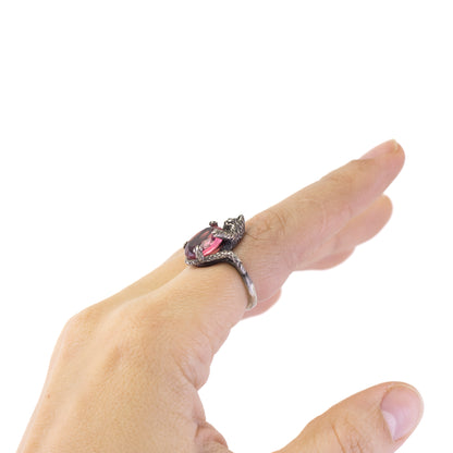 Vintage Silberring mit Katze und rosa Kristall