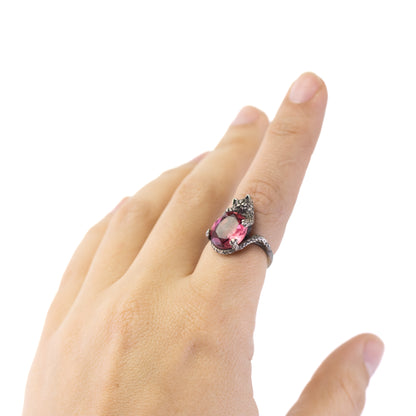 Vintage Silberring mit Katze und rosa Kristall