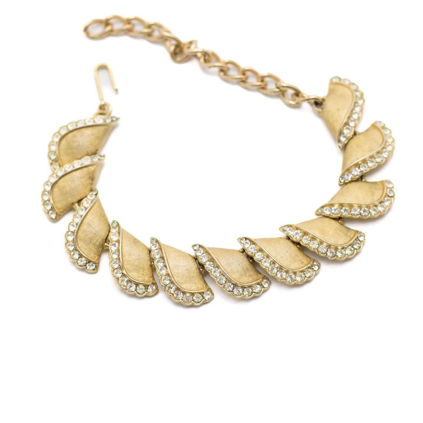 Crown Trifari Vintage Gold Tone Petal Bracelet with Rhinestones