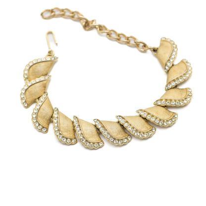 Crown Trifari Vintage Gold Tone Petal Bracelet with Rhinestones