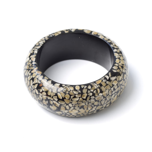 Vintage Black Resin Bangle Bracelet with Mosaic Shell Inlay
