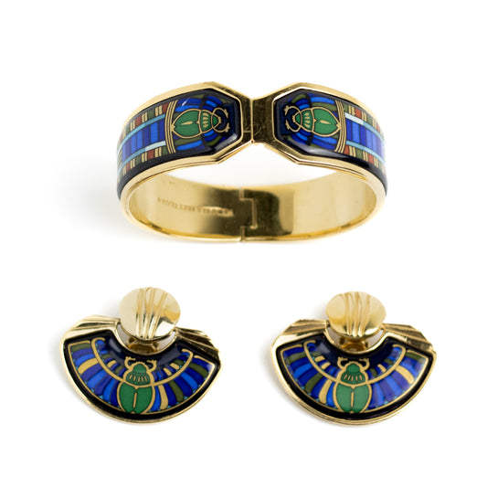 Michaela Frey Team Vintage Scarab Enamel Jewelry Set of Bangle and Clip-On Earrings