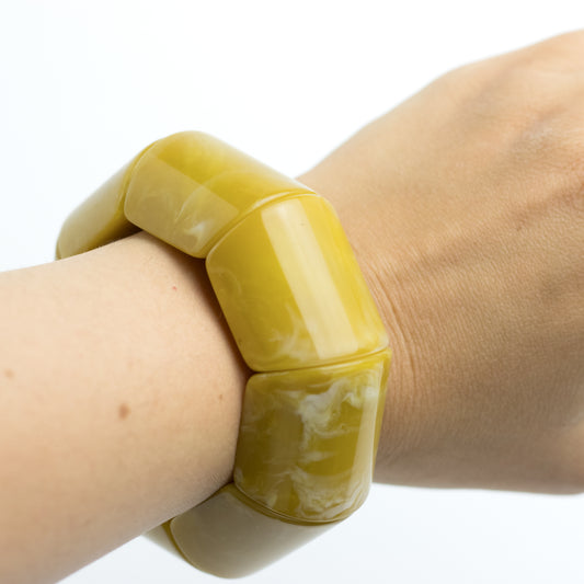 Vintage Mustard Yellow Swirl Lucite Wide Stretch Bracelet