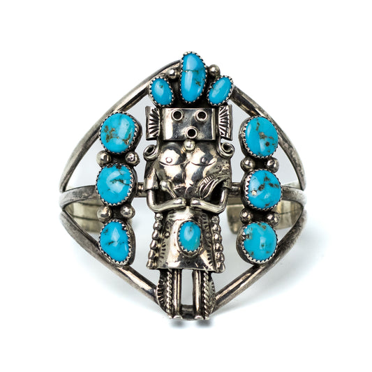 Native American Sterling Silver Kachina Vintage Cuff With Turquoise