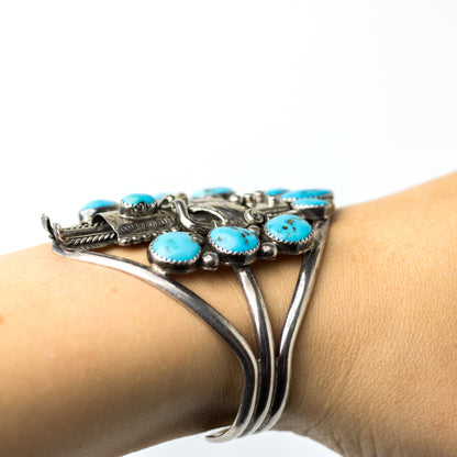 Native American Sterling Silver Kachina Vintage Cuff With Turquoise