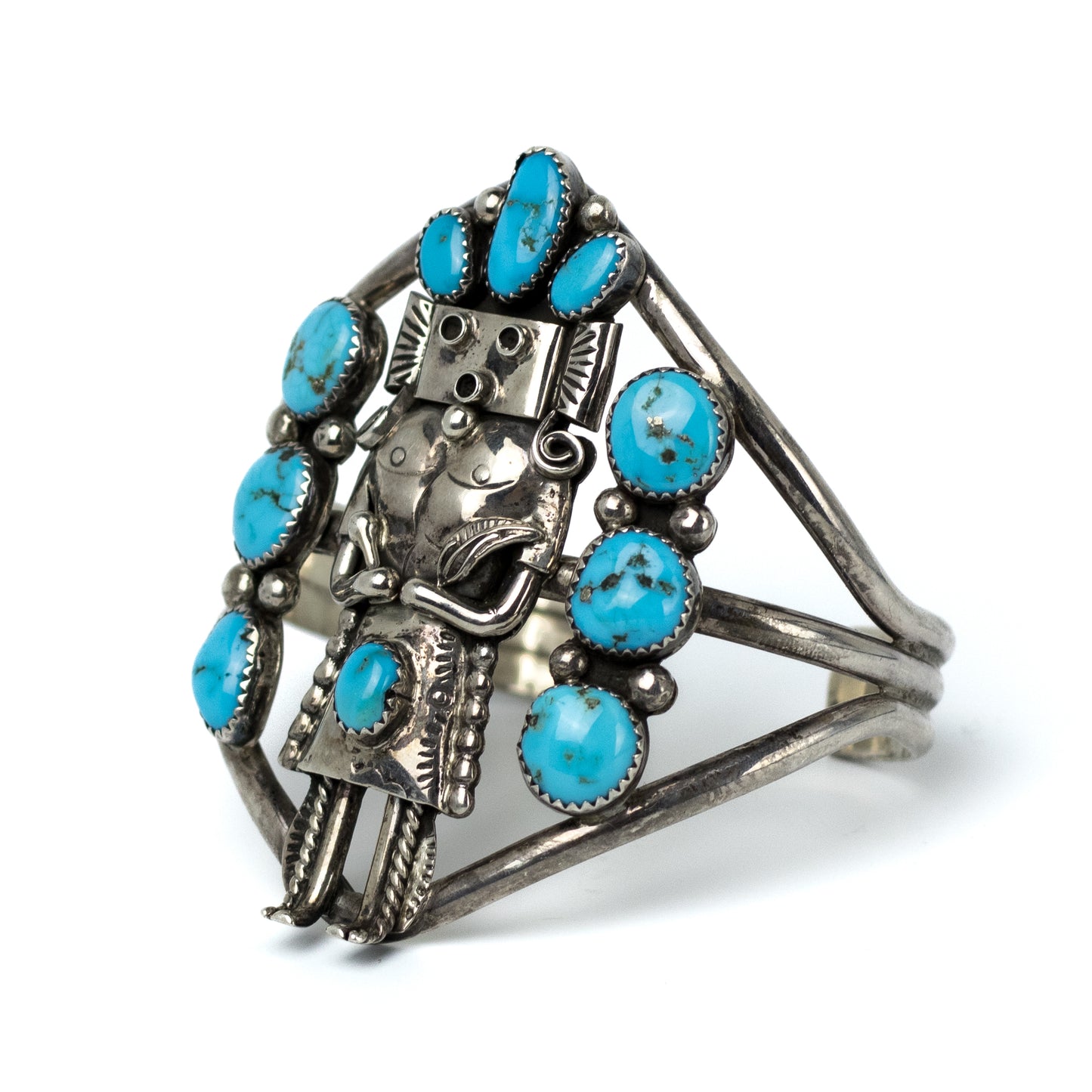Native American Sterling Silver Kachina Vintage Cuff With Turquoise