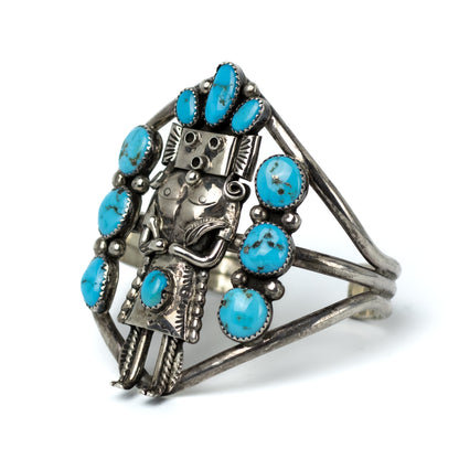 Native American Sterling Silver Kachina Vintage Cuff With Turquoise