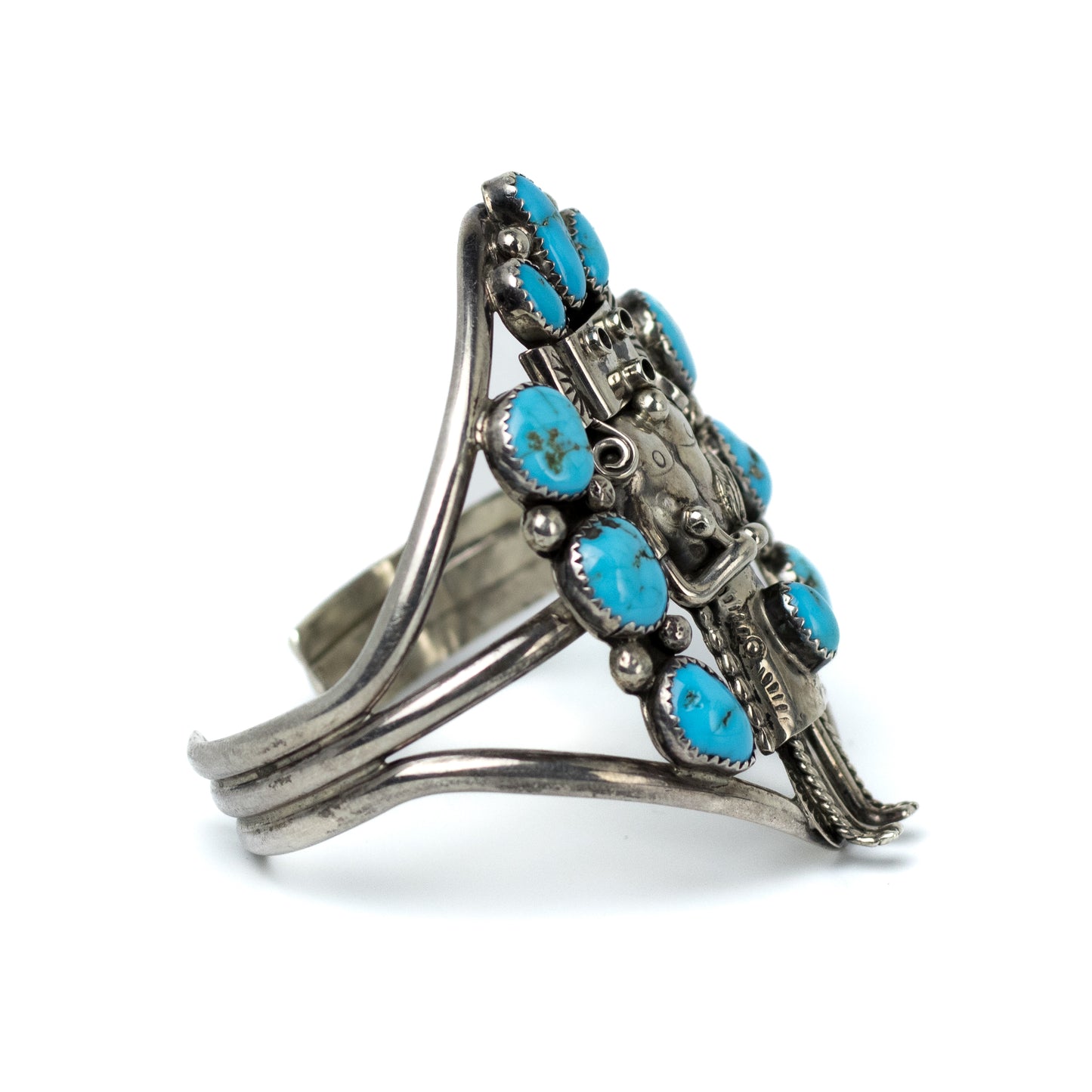 Native American Sterling Silver Kachina Vintage Cuff With Turquoise