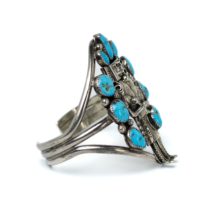 Native American Sterling Silver Kachina Vintage Cuff With Turquoise
