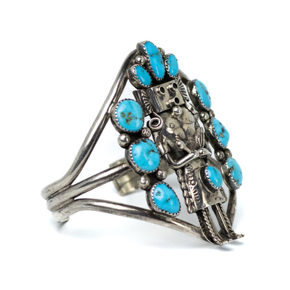 Native American Sterling Silver Kachina Vintage Cuff With Turquoise
