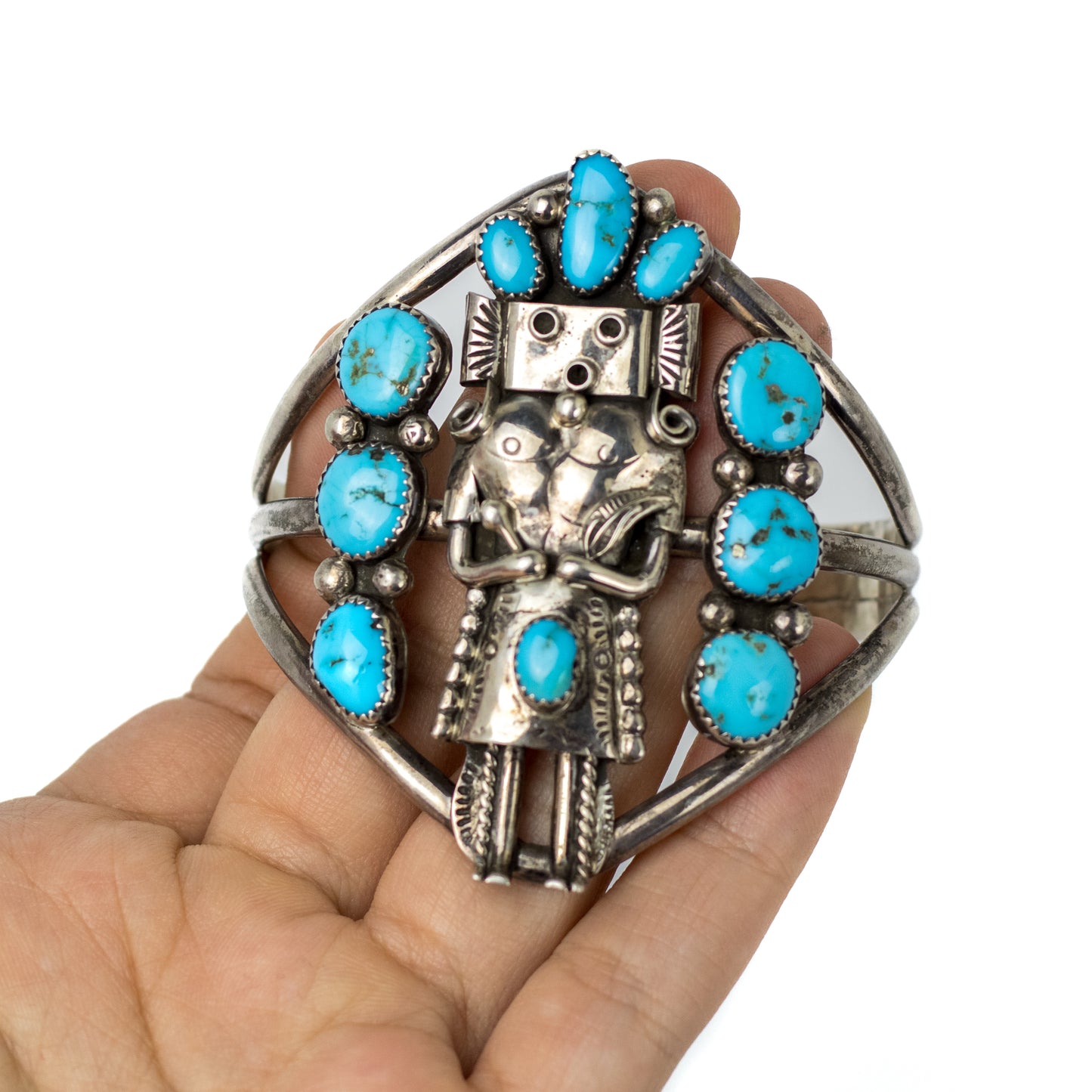 Native American Sterling Silver Kachina Vintage Cuff With Turquoise