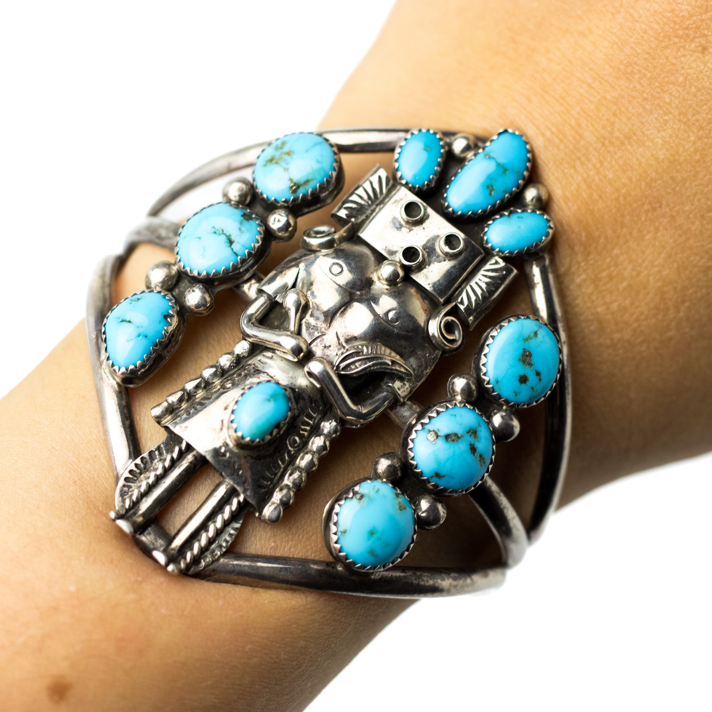 Native American Sterling Silver Kachina Vintage Cuff With Turquoise