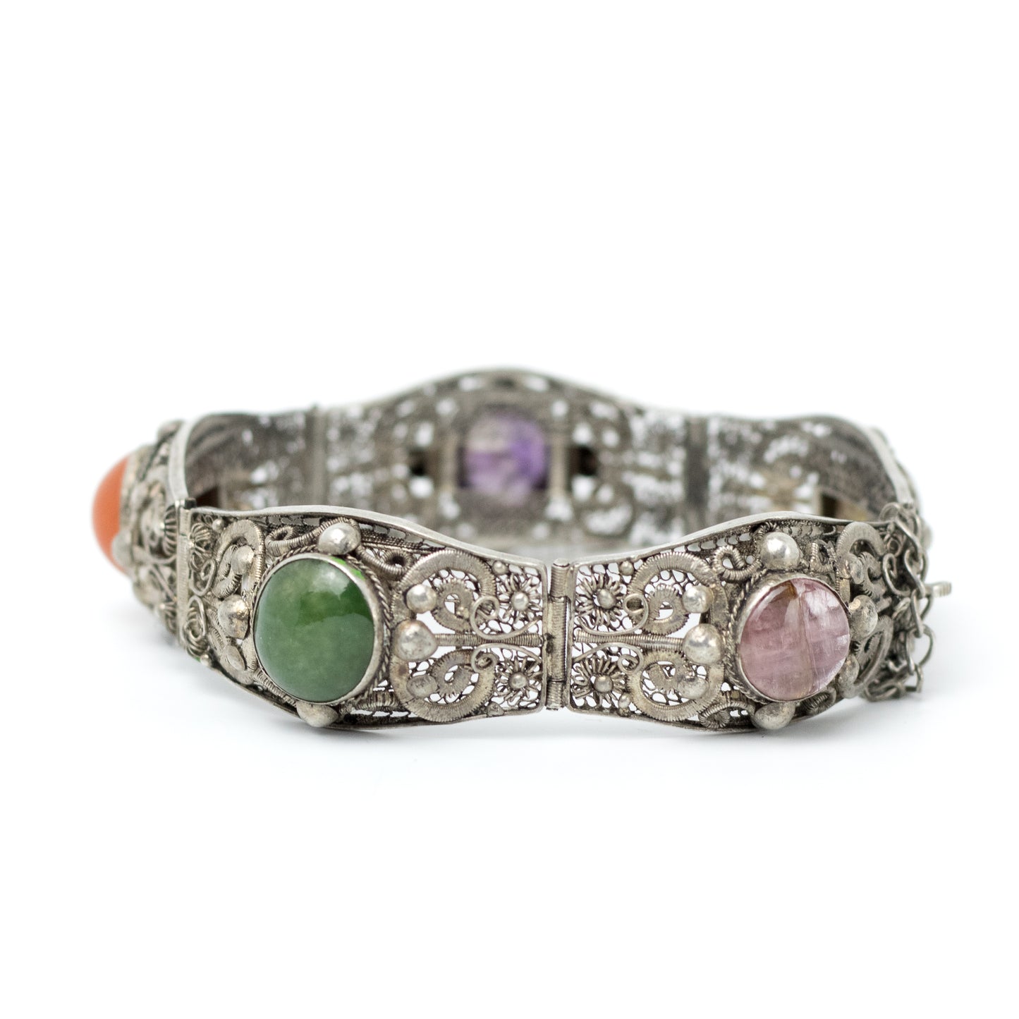 Antique China Silver Filigree Gemstone Bracelet