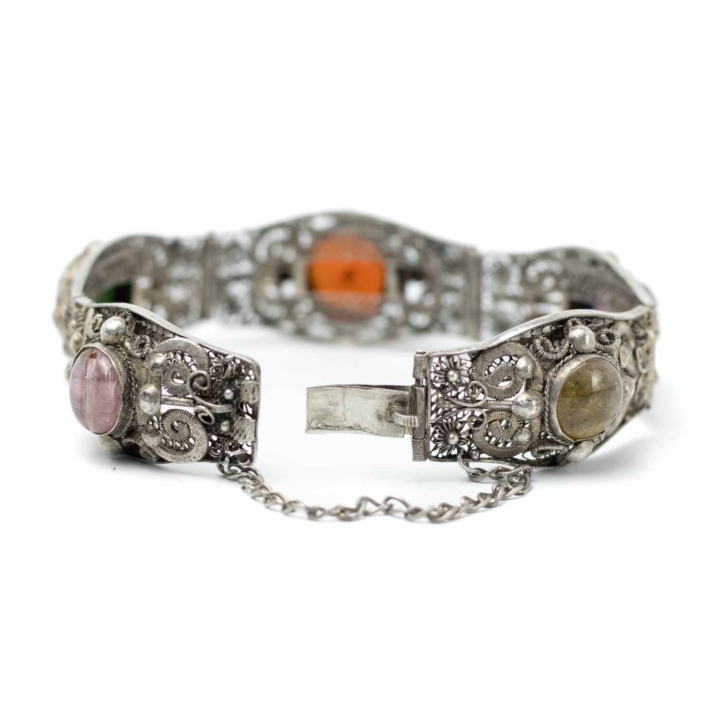 Antique China Silver Filigree Gemstone Bracelet