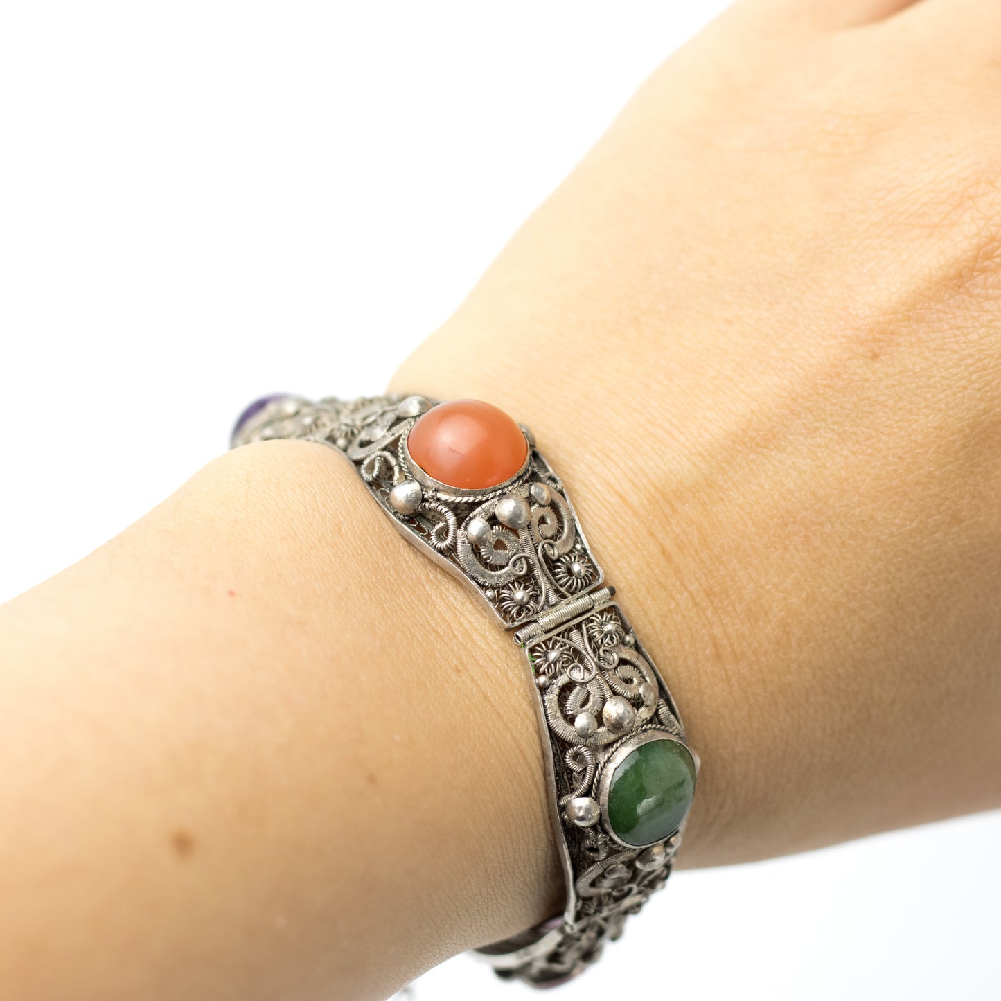Antique China Silver Filigree Gemstone Bracelet