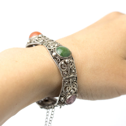 Antique China Silver Filigree Gemstone Bracelet