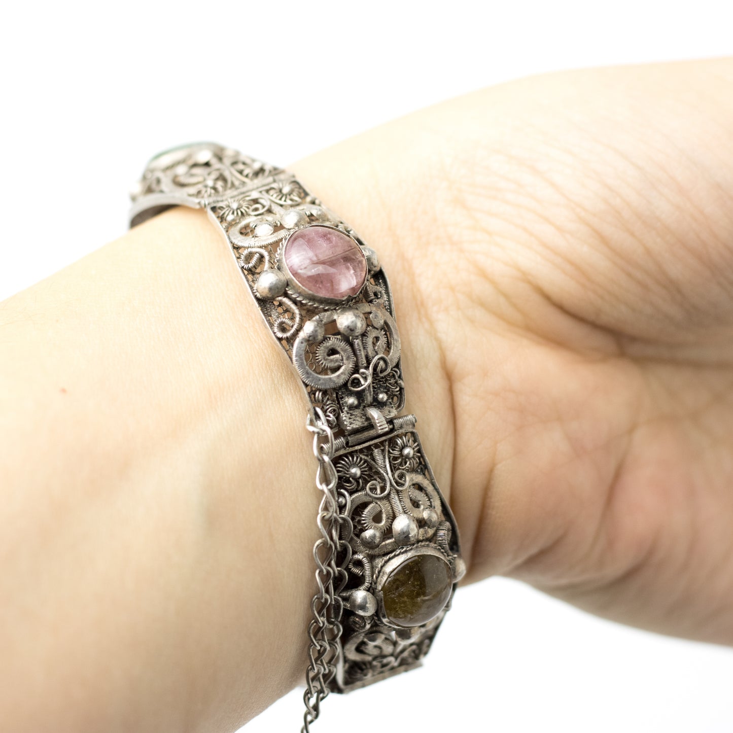 Antique China Silver Filigree Gemstone Bracelet