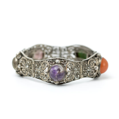 Antique China Silver Filigree Gemstone Bracelet