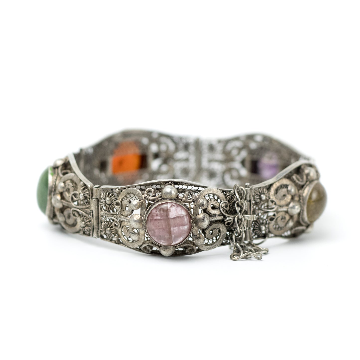 Antique China Silver Filigree Gemstone Bracelet