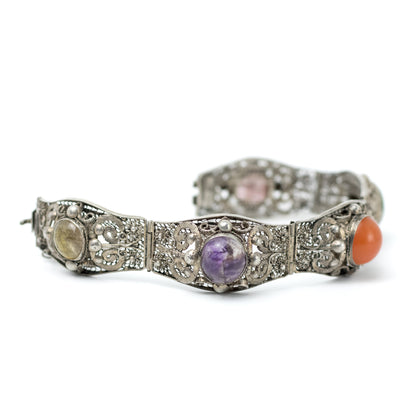Antique China Silver Filigree Gemstone Bracelet