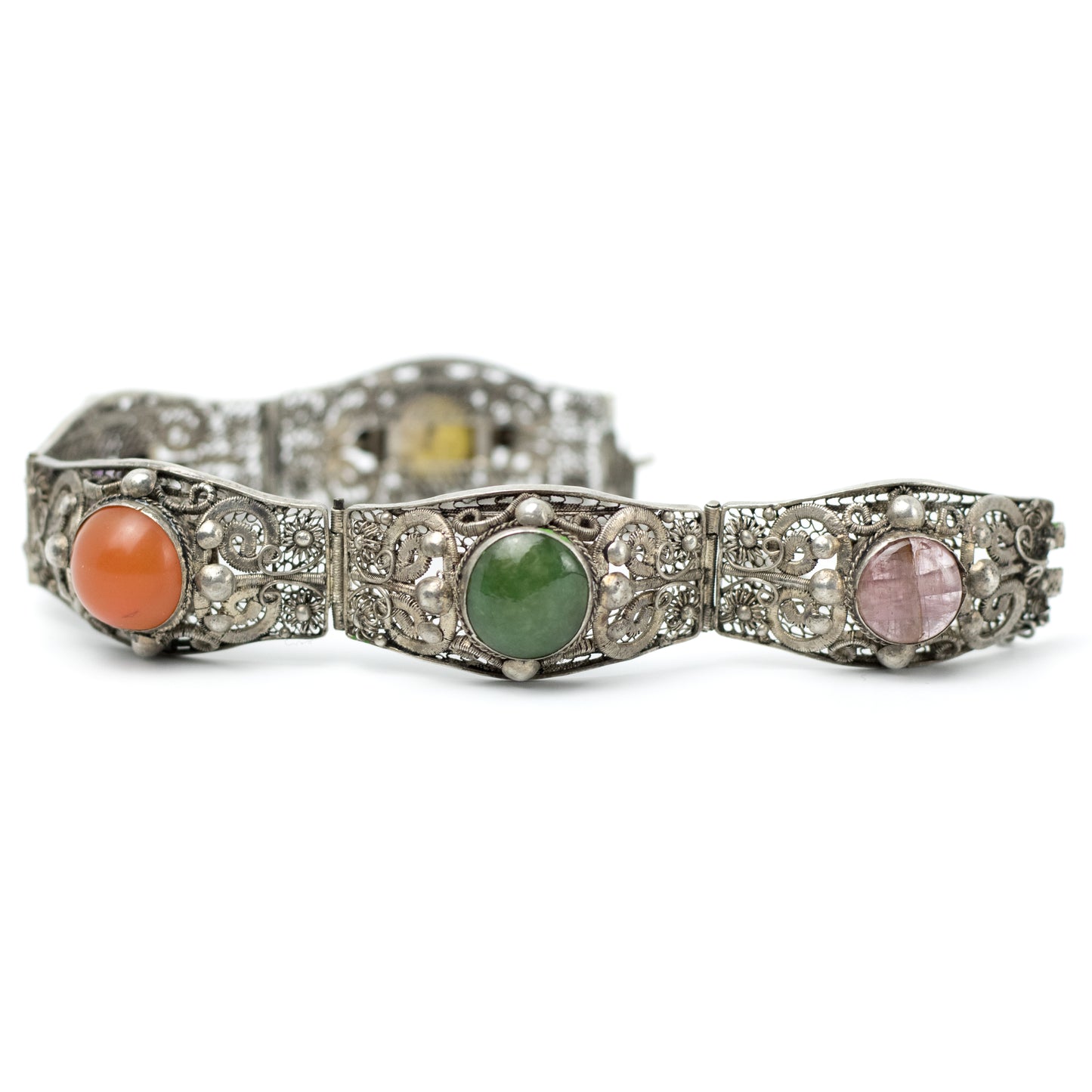 Antique China Silver Filigree Gemstone Bracelet