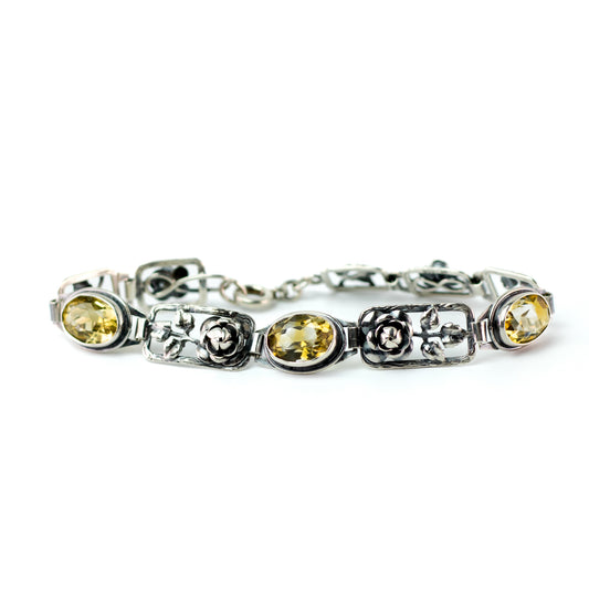 Art Nouveau VINTAGE Silver Citrine Floral Link Bracelet