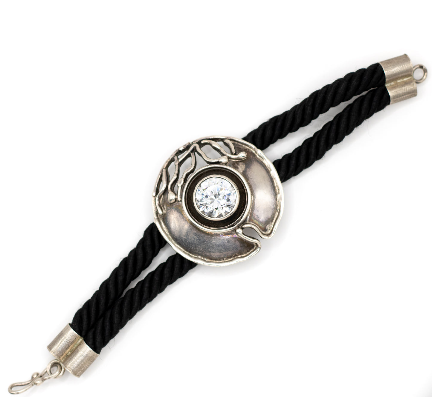 Modernist Brutalist Vintage Silver And Black Silk Bracelet