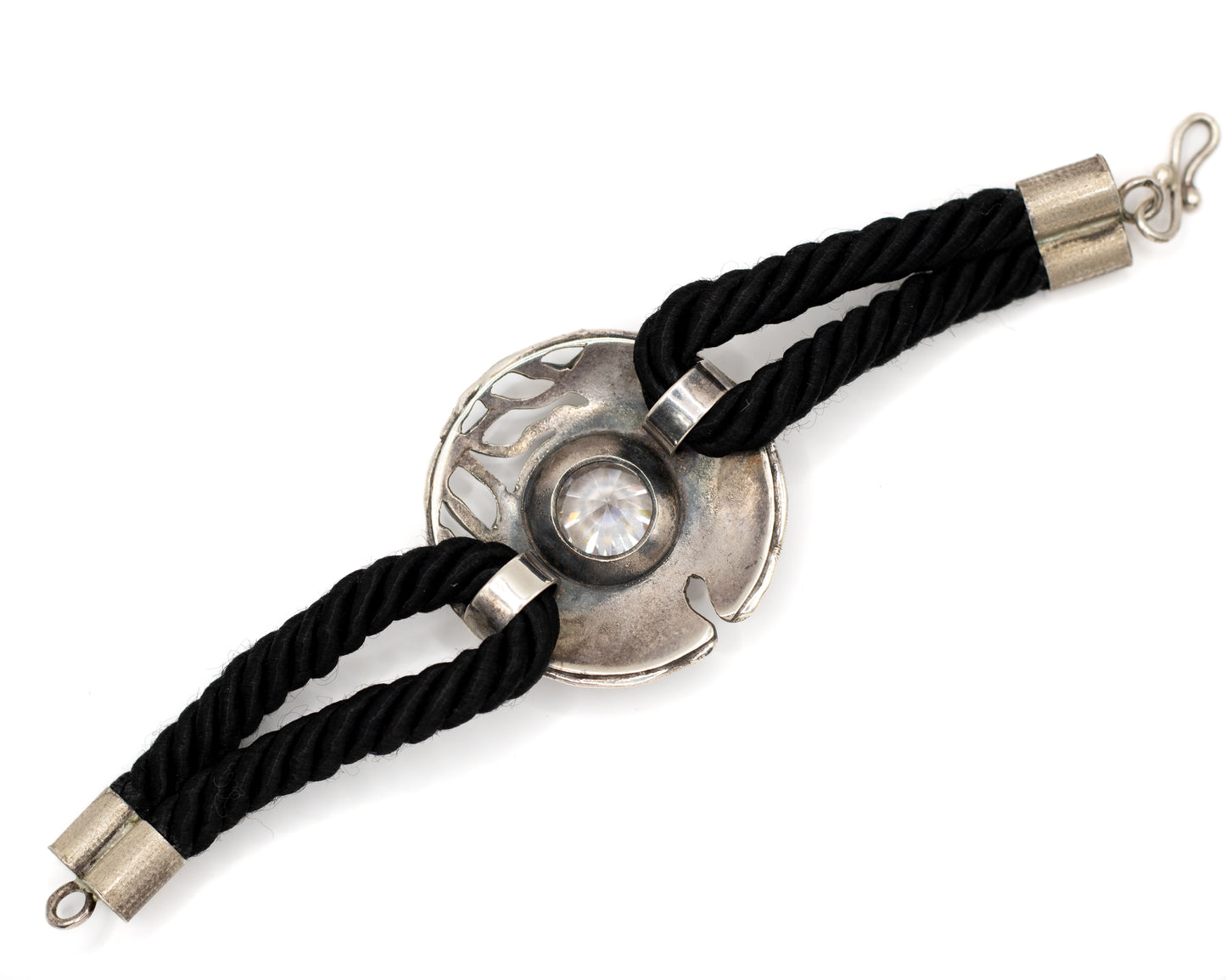 Modernist Brutalist Vintage Silver And Black Silk Bracelet