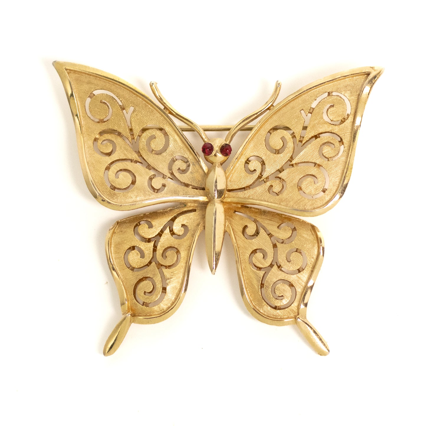 Crown Trifari Florentine Gold Butterfly Brooch with Ruby Red Eyes and Swirls