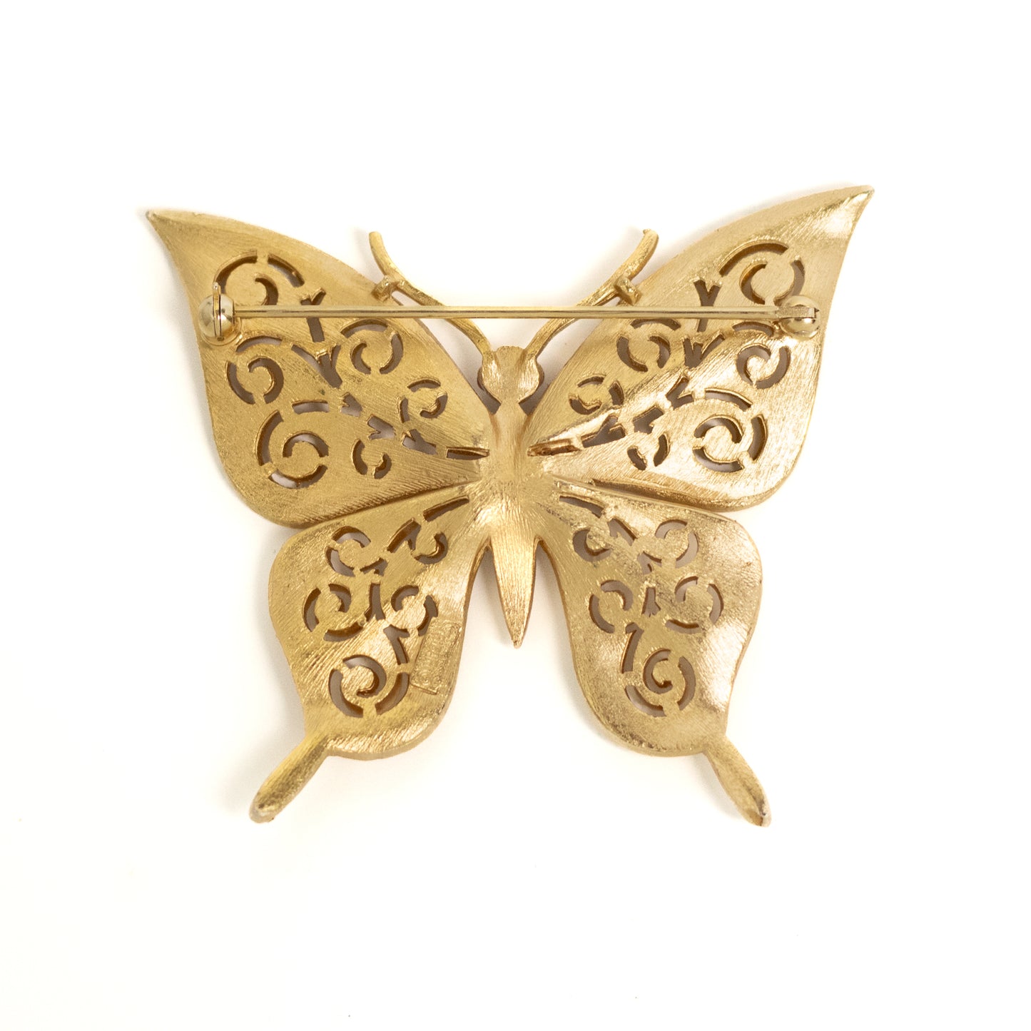 Crown Trifari Florentine Gold Butterfly Brooch with Ruby Red Eyes and Swirls