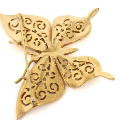 Crown Trifari Florentine Gold Butterfly Brooch with Ruby Red Eyes and Swirls