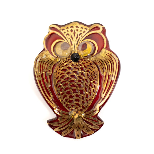 Lea Stein Gold-Printed Red Plastic Owl Brooch