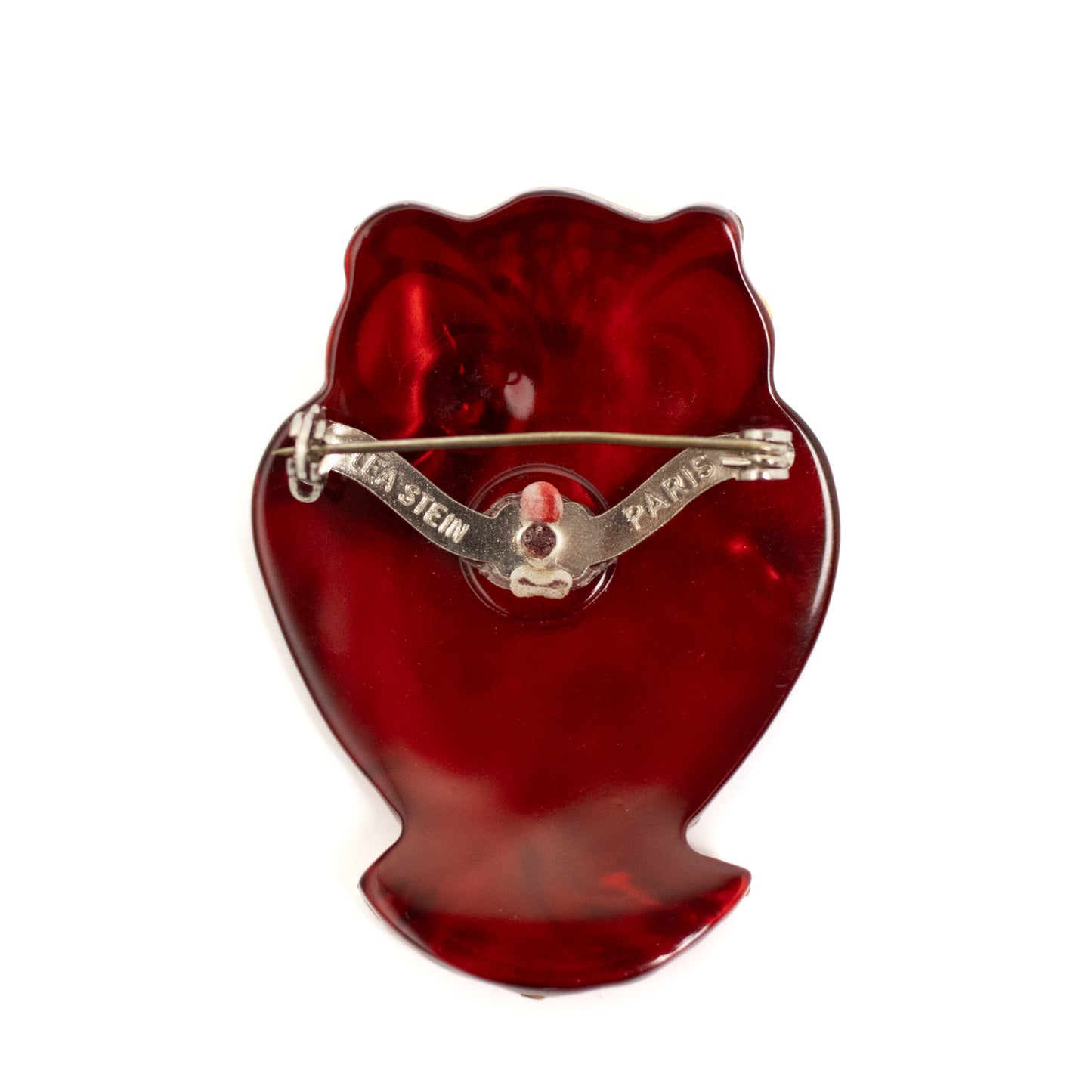 Lea Stein Gold-Printed Red Plastic Owl Brooch