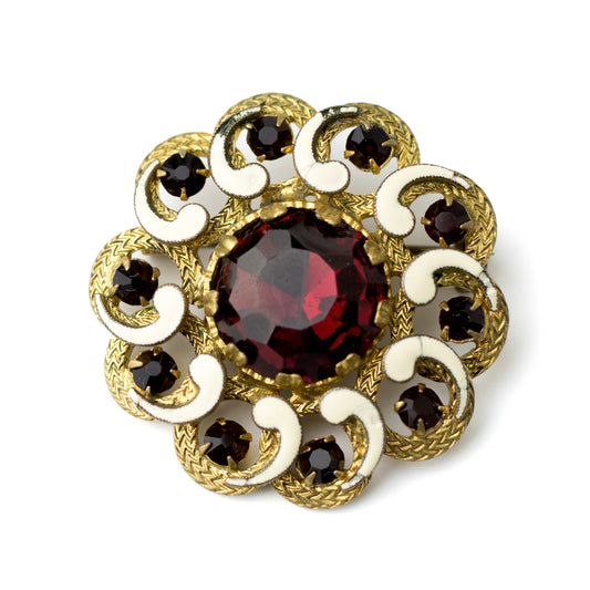 Austrian or Czech Vintage Brooch with Red Glass Crystals and White Enamel