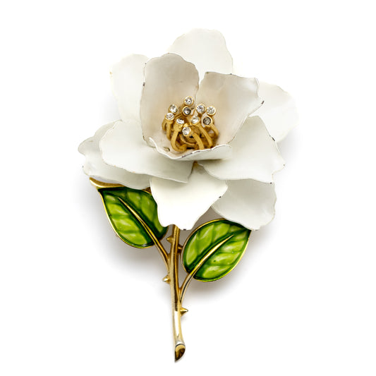 Crown Trifari White Enamel Rose Brooch with Clear Crystals