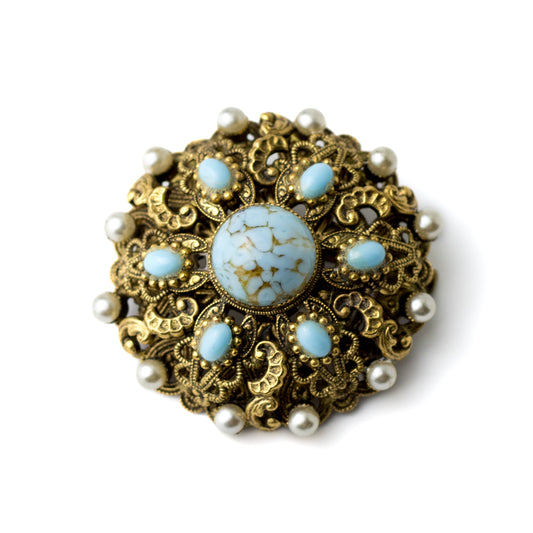 Vintage Austrian or Czechoslovakian Domed Brooch with Turquoise Peking Glass Cabochon