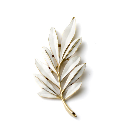Crown Trifari White Enamel Leaf Vintage Brooch