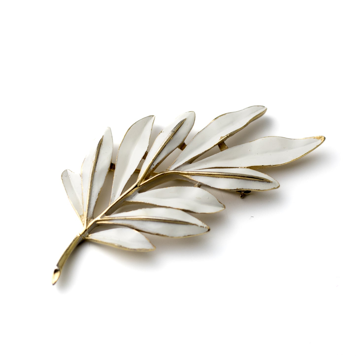 Crown Trifari White Enamel Leaf Vintage Brooch