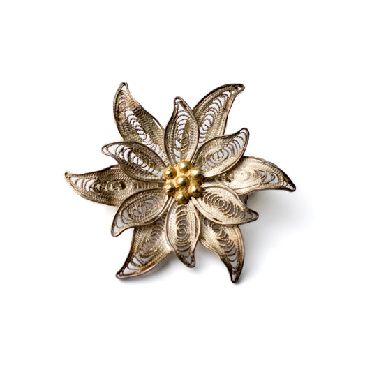 Vintage Edelweiss Silver Filigree Brooch with Gold-Plated Center
