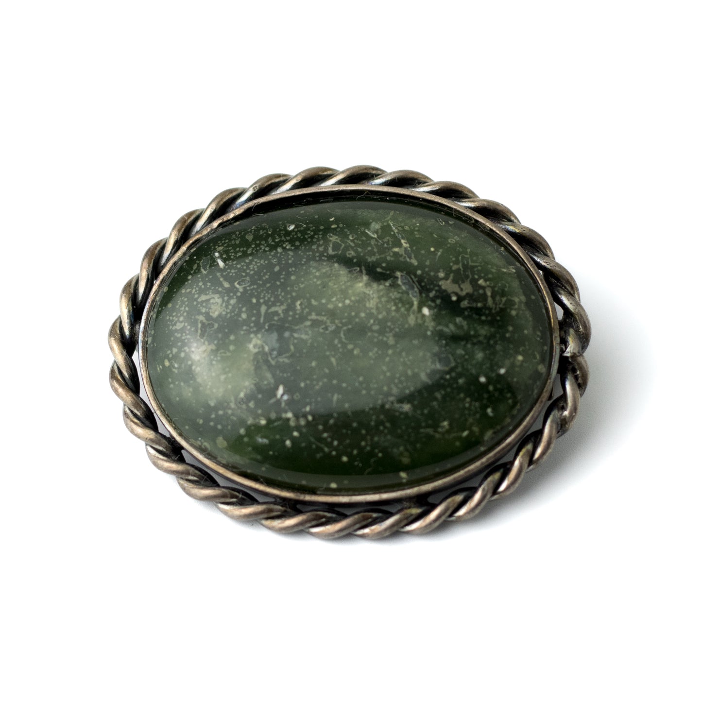 Hermann Bauer Antique Silver Brooch with Deep Green Serpentine Rock