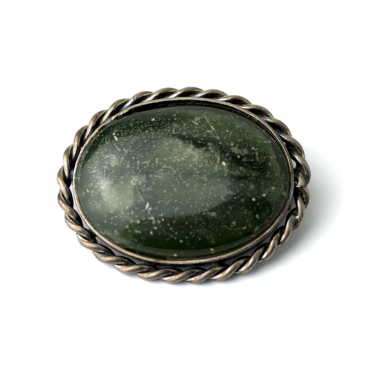 Hermann Bauer Antique Silver Brooch with Deep Green Serpentine Rock