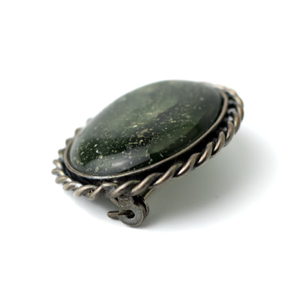 Hermann Bauer Antique Silver Brooch with Deep Green Serpentine Rock
