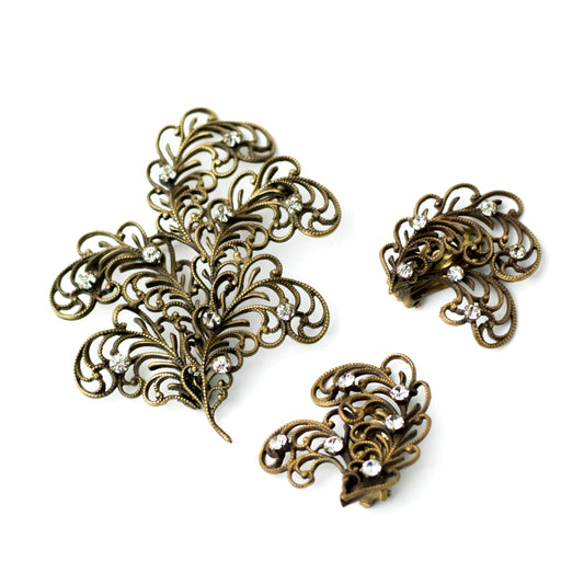 Joseff of Hollywood Vintage Filigree Jewelry Set with Clear Rhinestones